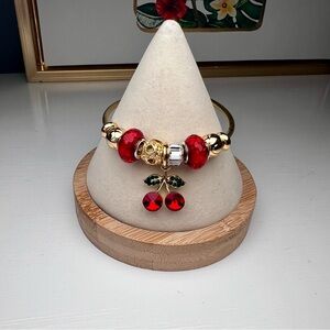 Cherry Charm Gold Bracelet Whimsical Red Crystal Statement Boho Chic Eclectic